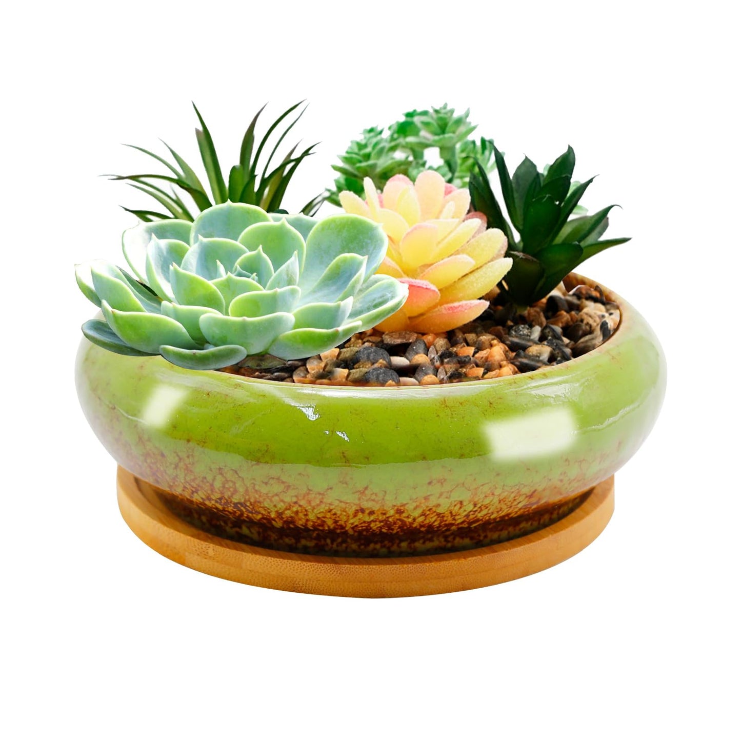 MDEOOSKY 6.14inch Round Pot with Dragon Hole, Ceramic Shallow Plant Pot Succulent Pots 18.5 * 5.8cm with Bamboo Mat