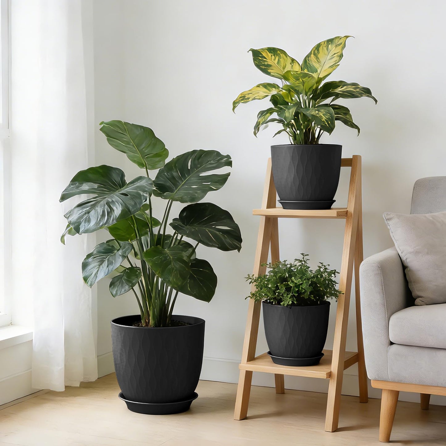 GARDIFE Plant Pots 10/9/8/7.5/7 Inch Plant Pots, Set of 5 Plastic Planters with Drainage Holes and Saucers,Plastic Flower Pots,Nursery Planting Pot for Indoor Out Door Plants (Black)