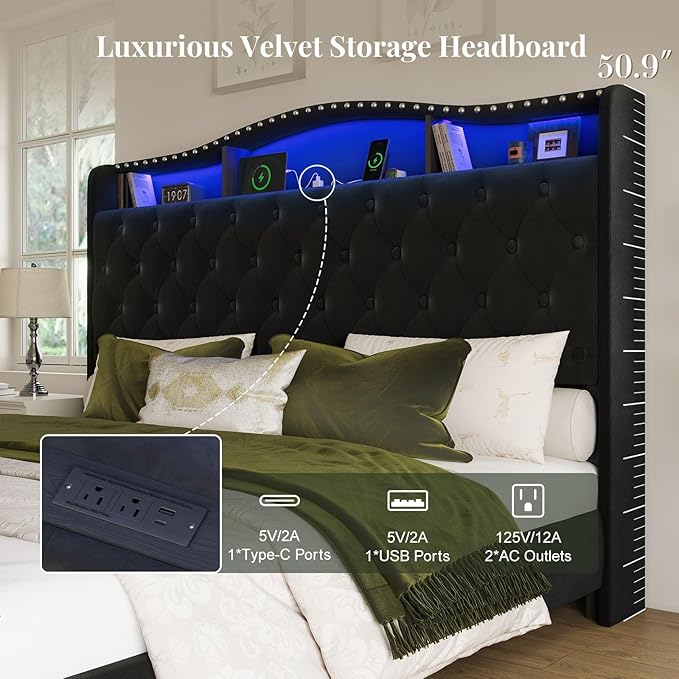 Belffin King Size Bed Frame and Headboard, 50.9" Velvet Upholstered Wingback