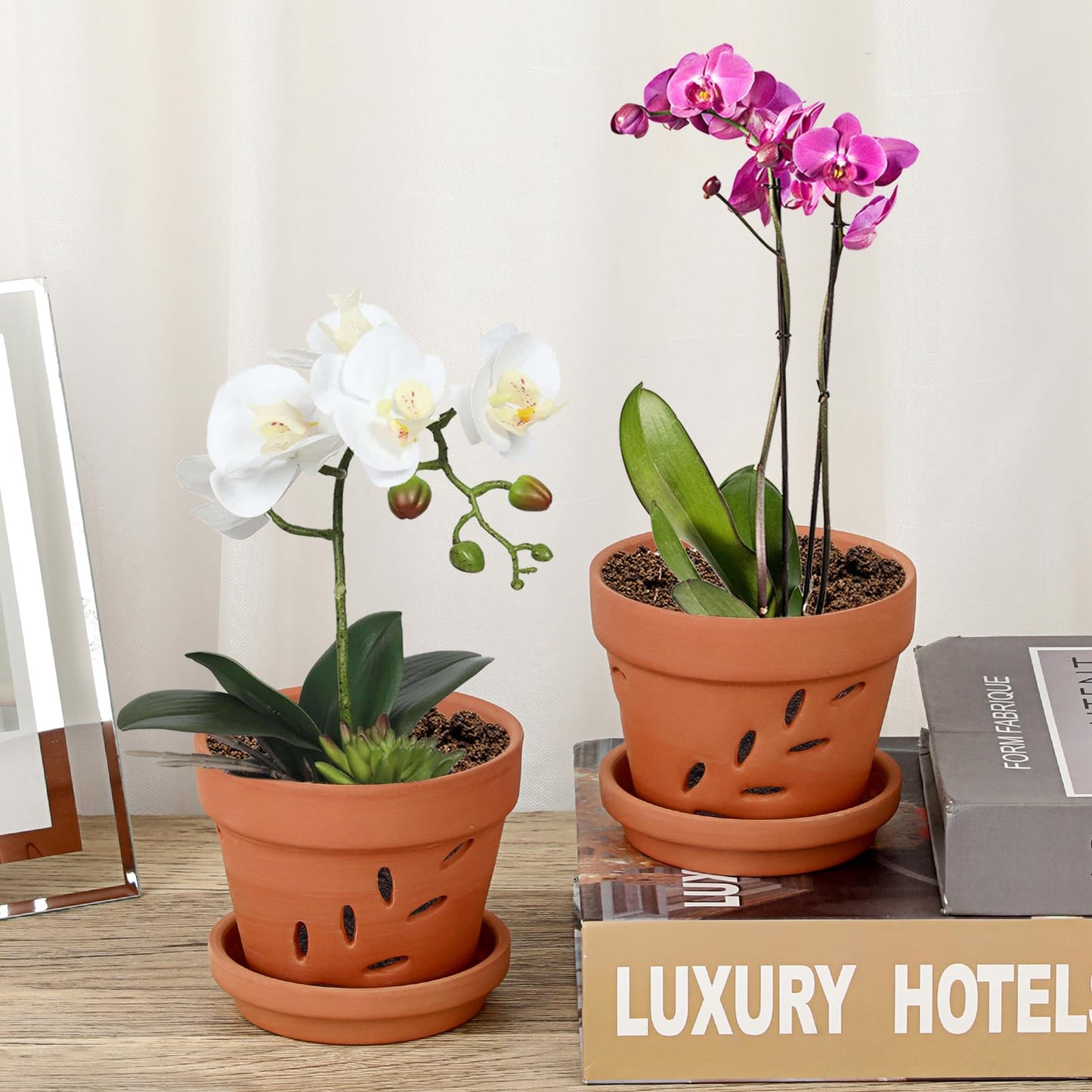 JUXYES 6 Pack Small Terracotta Orchid Pots with Holes and Saucers, Clay Orchid Planter Pots for Repotting, Plant Flower Pots for Orchid Indoor and Outdoor Promotes Air Circulation, 4 Inches