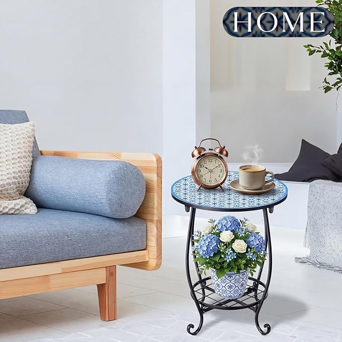 Cinnvoice Outdoor Side Table Round Small Mosaic Patio Accent Indoor End Plant