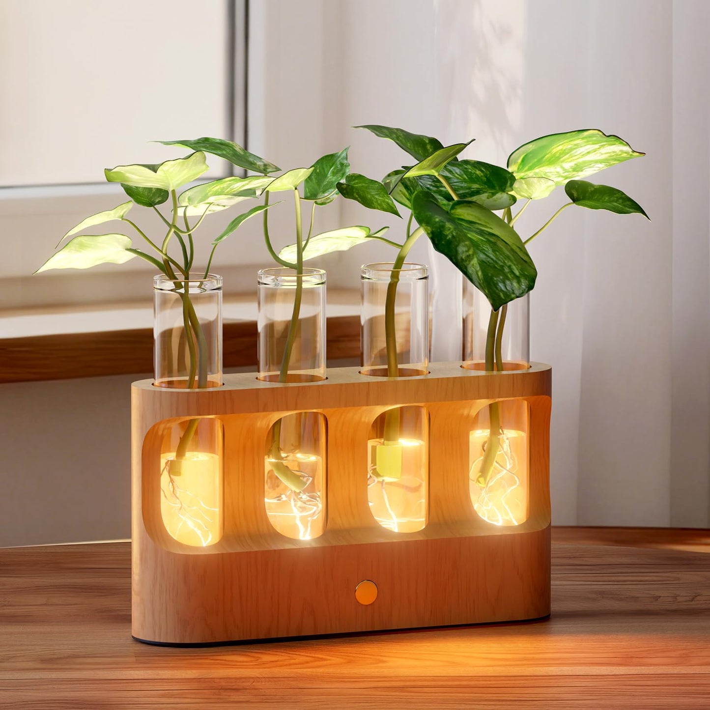 Giunn Rechargeable Plant Propagation Station with Stepless Dimming LED Light, Wooden Stand, 4 Glass Test Tubes, Home Decor for Hydroponic Plants, Unique Gifts for Women & Plant Lovers