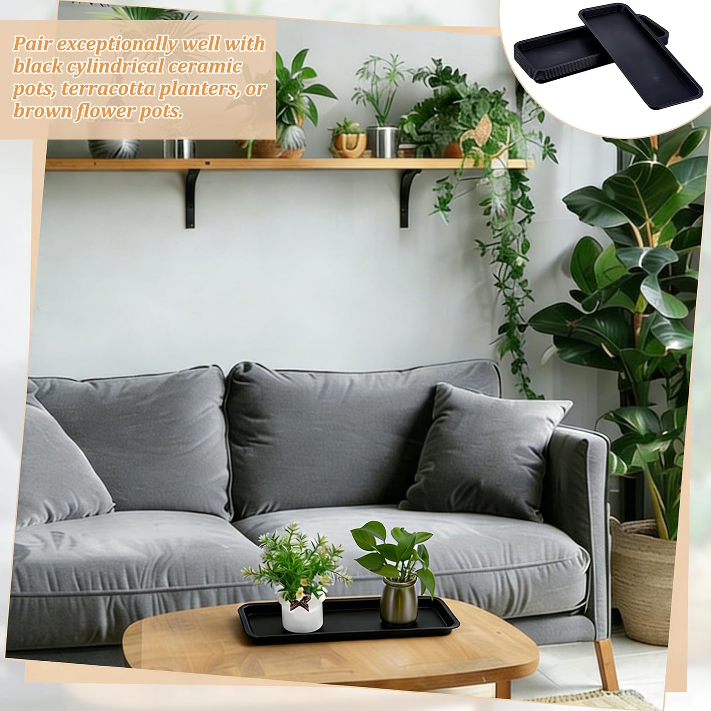 INTERWARM 10 Pack Rectangular Plastic Plant Saucers Tray, 15.67x6Inch Black Plant Water Drip Tray Large Plastic Plants Drip Trays for Indoors Outdoors Flower Pot Garden & Home Decor