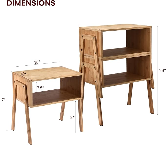 Vdomus Bamboo Stackable Nightstand Set of 2- Natural Wood Matching Side Table