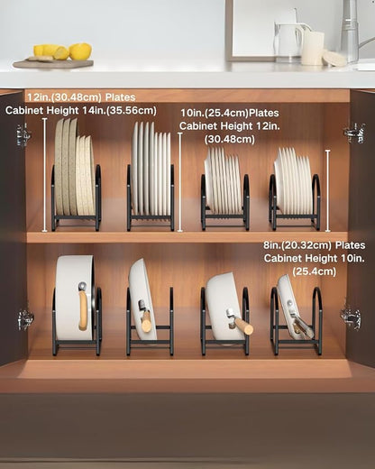 LINFIDITE 2 Pack Kitchen Plate Holder Organizer for Cabinet Space Saver Dinner Plate Storage Rack Upright Dish Drying Racks Metal Dish Stand for Cupboard Countertop Rustproof Black (1 Large 1 Small)