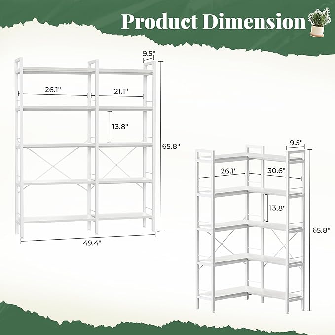 Huuger 5 Tier Bookshelf, L Shaped Corner Bookshelf