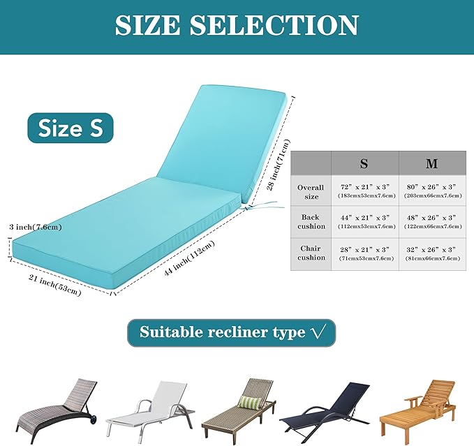 Chaise Lounge Cushion for Outdoor Furniture, Waterproof Fade and Tear Resistant