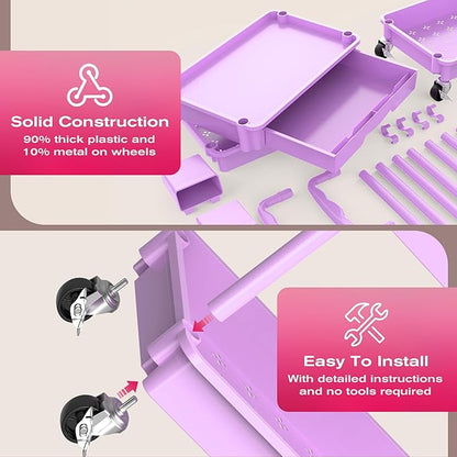 Goovilla Rolling Makeup Organizer Cart with Removable Drawer, 4 Tier Stable Purple Floor Skincare Storage Cart for Vanity, Cosmetic Display, Nail Polish, Perfume, Hair Stuff, Beauty, Bathroom(Plastic)