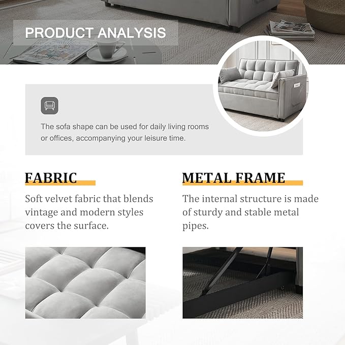 3-in-1 Loveseat Sleeper Sofa, Modern 55.5" Pull Out Couch, Velvet Upholstered