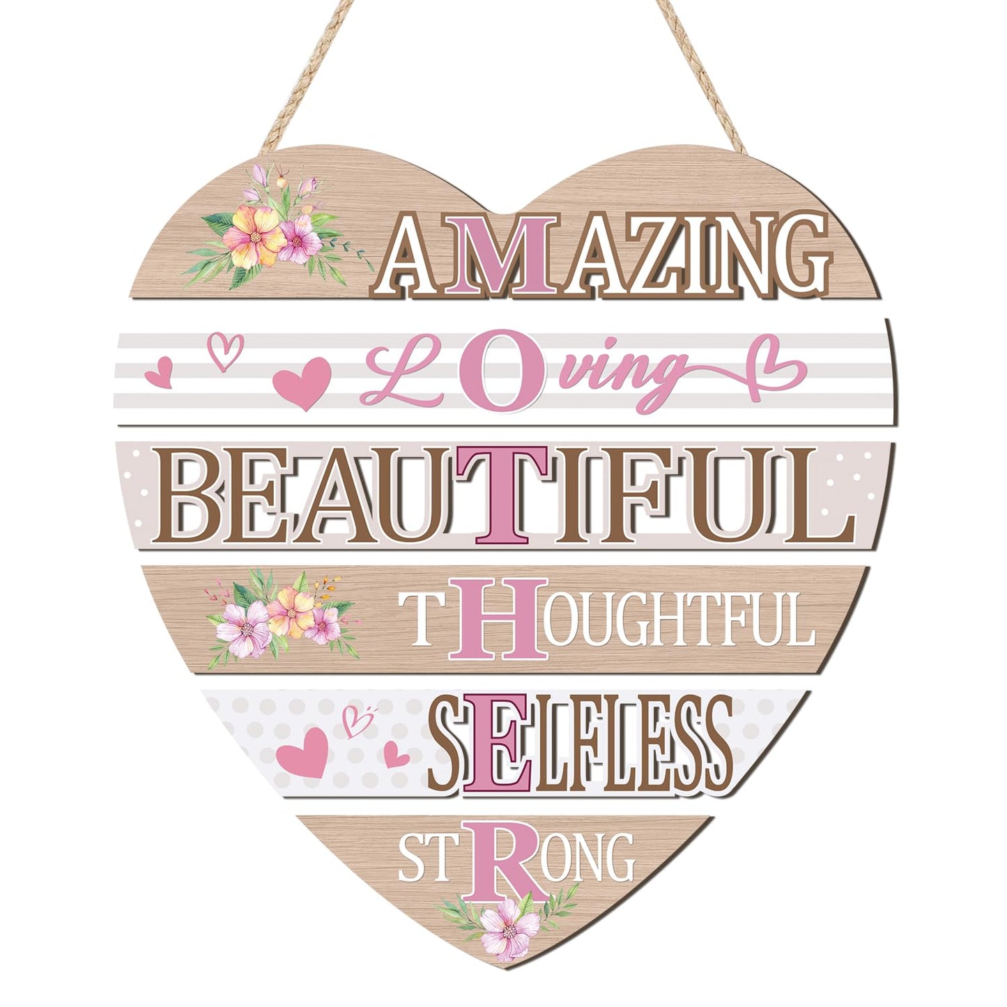 HOURIA Inspirational Mothers Day Decorations (12.2”x11), Heart-Shaped Amazing Mother's Day Wooden Sign for Front Door Wreath Home, Mom Birthday Gifts from Daughter Son