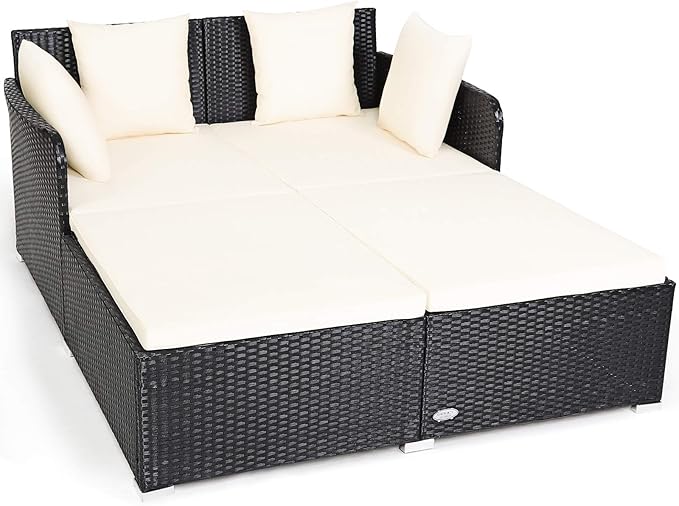 COSTWAY Outdoor Patio Rattan Daybed, Sponge Cushioned Loveseat Sofa