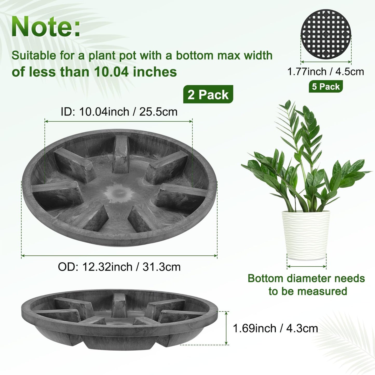 M METERXITY 2-Pack Plant Saucer, 10.04 Inch/25.5 cm Plastic Plant Trays Thicker for Pots/Indoor/Outdoor/Water Drainage and Protection, Flowerpot Drip Tray [Black Clay]