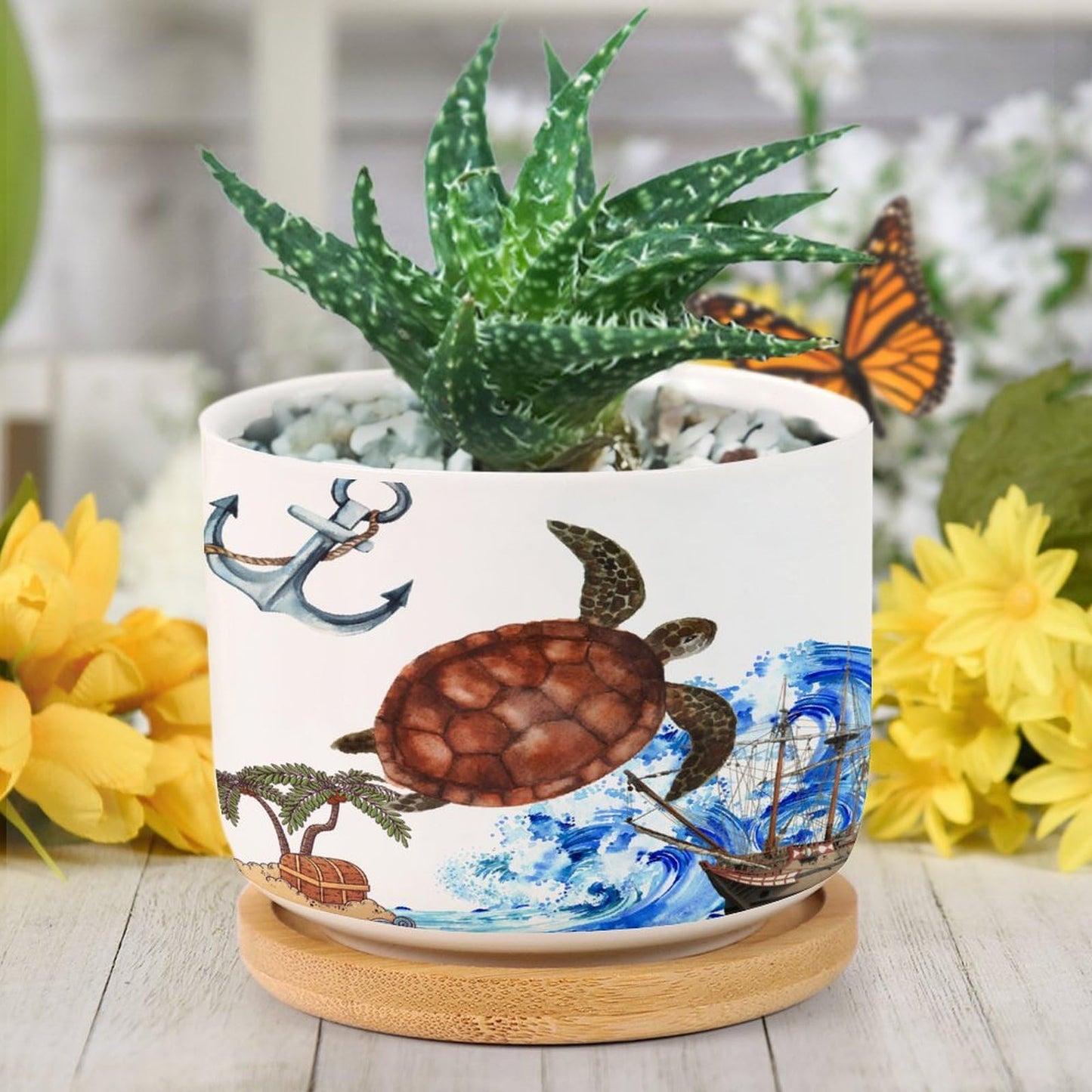 DreamAutumn Ocean Theme Sea Turtle Ceramic Pots for Plants with Drainage Holes Round Flower Pot Bamboo Tray Orchid Pot Succulents Pots for Outdoor Indoor Plants,Housewarming Gifts