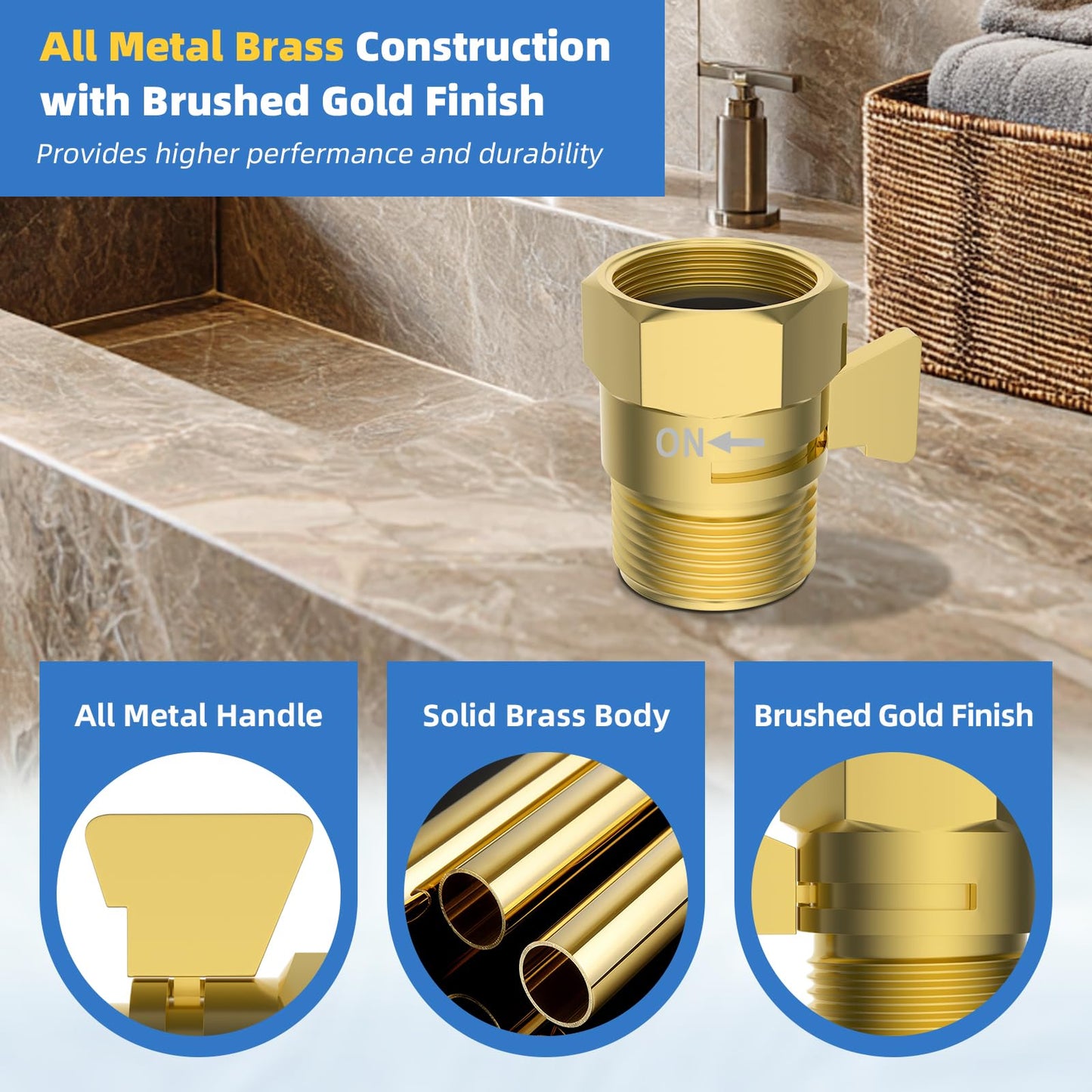 Hibbent All Metal 1 Pack Shower Head Flow Control Valve, G1/2 Brass Shut-off Valve with Metal Handle Lever, Shut OFF Water Flow Control Regulator for Handheld Shower, or Bidet Sprayer, Brushed Gold