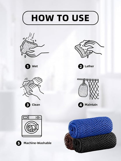 Cleangor 3Pcs African Net Sponge Authentic with Knots - Exfoliating Body | Scrubber for All Skin Types, African Bath Sponge, Wash Cloth, Gentle Exfoliation Shower Rag for Women Daily Use