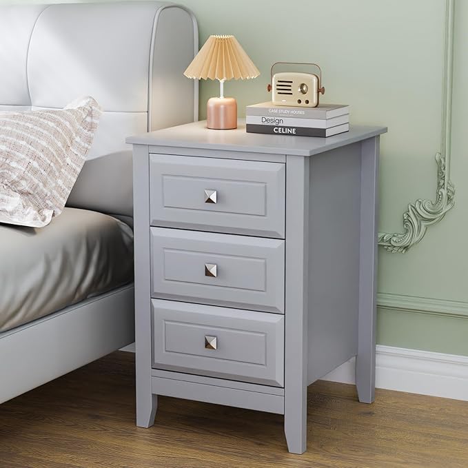 Bonnlo Gray Nightstands Set of 2, 3 Drawer Nightstand, Modern Night Stand