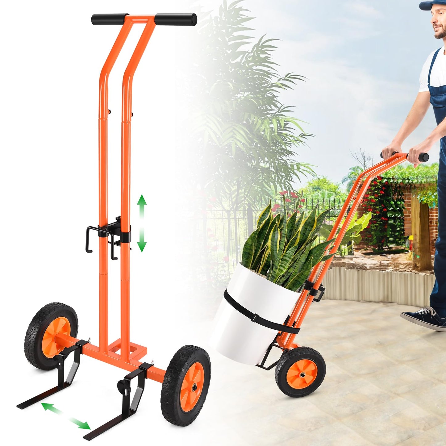 Plant Caddy with Wheels, Heavy Duty Plant Mover Cart with Adjustable Grabbing Arm and Strap, 175 LBS T-Handle Plant Dolly with Suction Cups for Plant Pots Garden Pot Trolley Indoor Outdoor Use, Orange