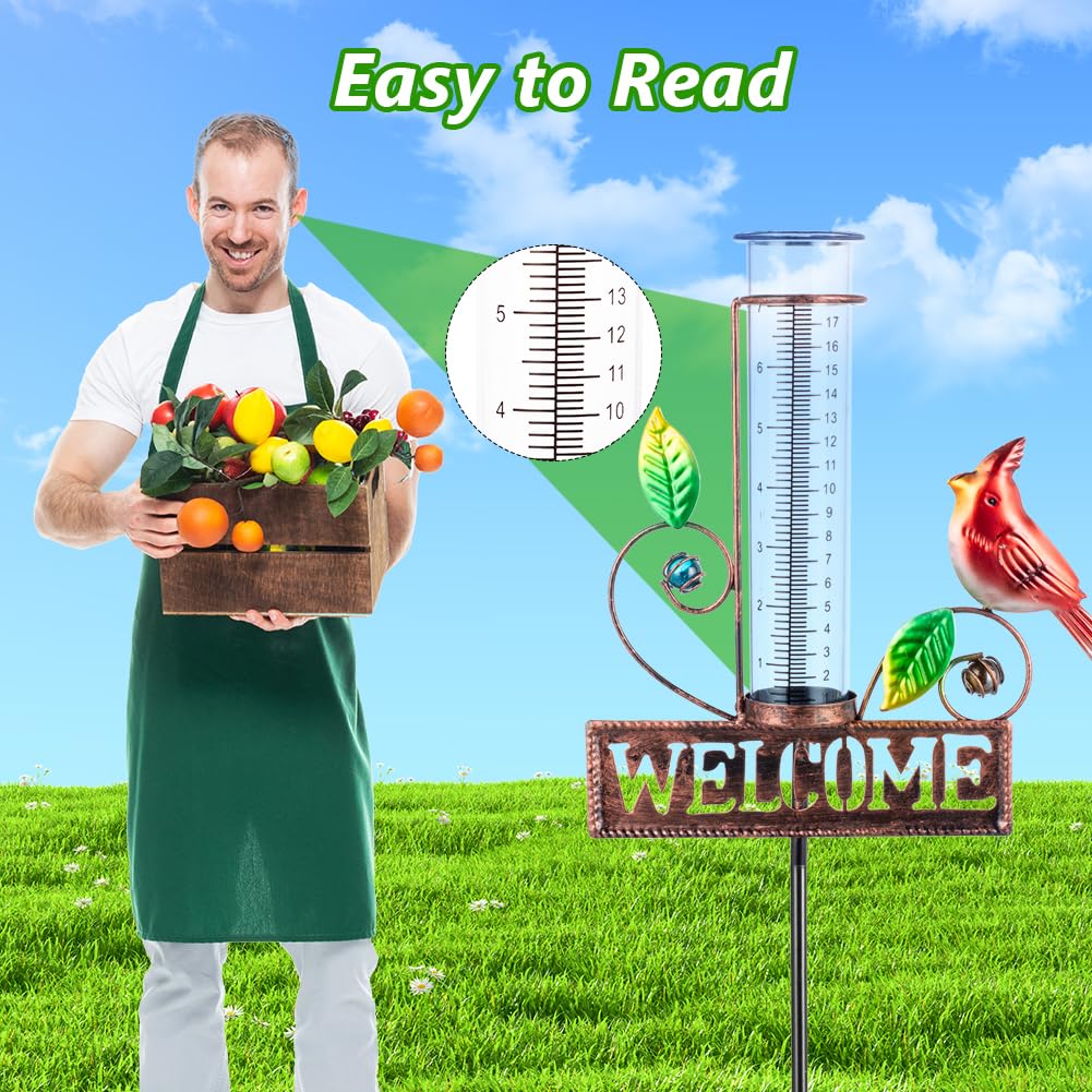 Stargarden Rain Gauge Outdoor, Metal Cardinal Rain Gauge, Rain Gauges with 7inch Plastic Tube, Decorative Rain Gauge for Yard, Garden, Lawn, Pathway