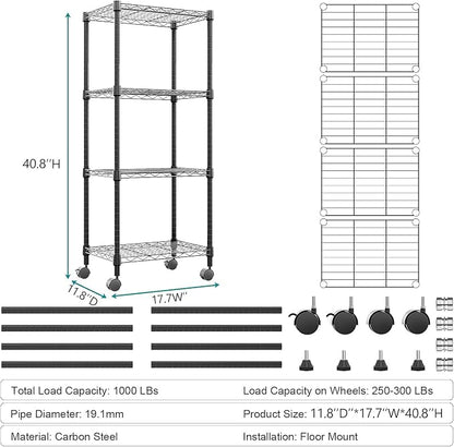 M MZG 4-Shelf Adjustable Heavy Duty Steel Wire Rack, Adjustable Storage Shelving Unit with Wheel for Kitchen, Garage, Laundry Black 11.8" D x 17.7" W x 40.8" H