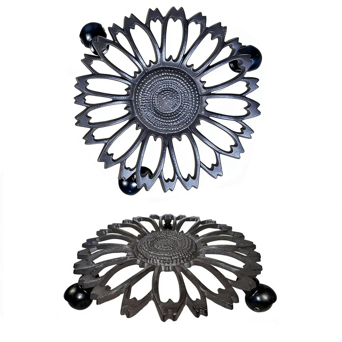 2 Pack Heavy-Duty Cast Iron Plant Caddy - 12" Rust Brown Ornamental Cast Iron Plant Stand with Wheels, Petal-Design Moveable Planter Holder for Indoor Outdoor Garden Patio Decor HC1511