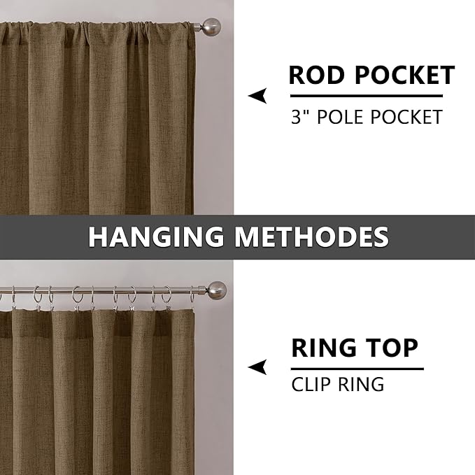 Tollpiz Linen Tier Curtains Rod Pocket Semi Sheer Short Kitchen Curtain Half Burlap Light Filtering Thick Linen Drape for Bathroom, 30 x 30 inches Long, Brown, Set of 2 Panels