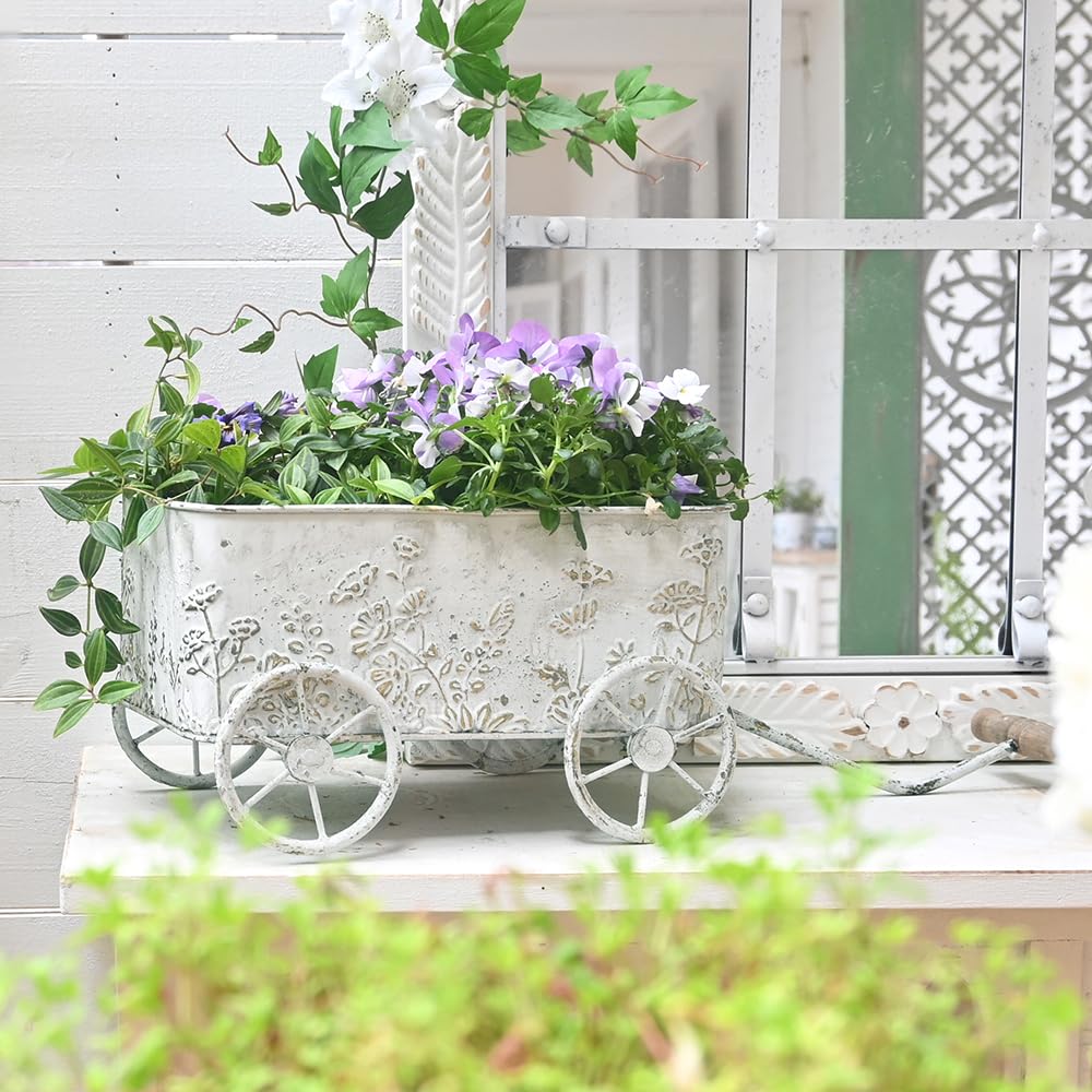 Zokyntrix Flower Cart with Wooden Handles, Metal Wagon Planters for Outdoor Plants, Garden Planter with Wagon Wheels, Decorative Wheelbarrow, Plant Cart for Patio Garden Balcony (White)