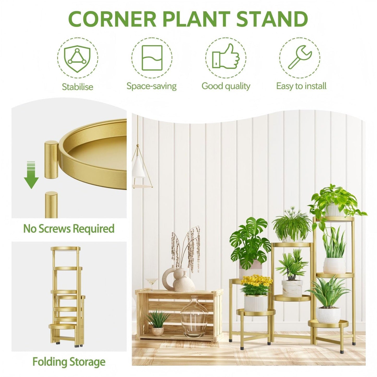 iDavosic.ly 7 Tier Large Plant Stand Indoor, 10 Inch Wide Tall Corner Metal Plant Stands Outdoor for Multiple Plants, Folding Tiered Flower Display Holder Rack Shelf, Gold
