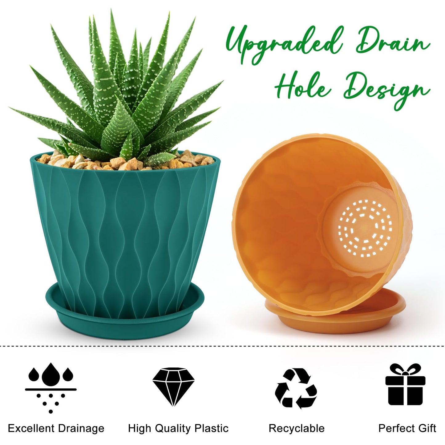 YNNICO 6 inch Plant Pots, 6 Pack Flower Pots Outdoor Indoor, Planters with Drainage Holes and Tray Saucers-Multicolor