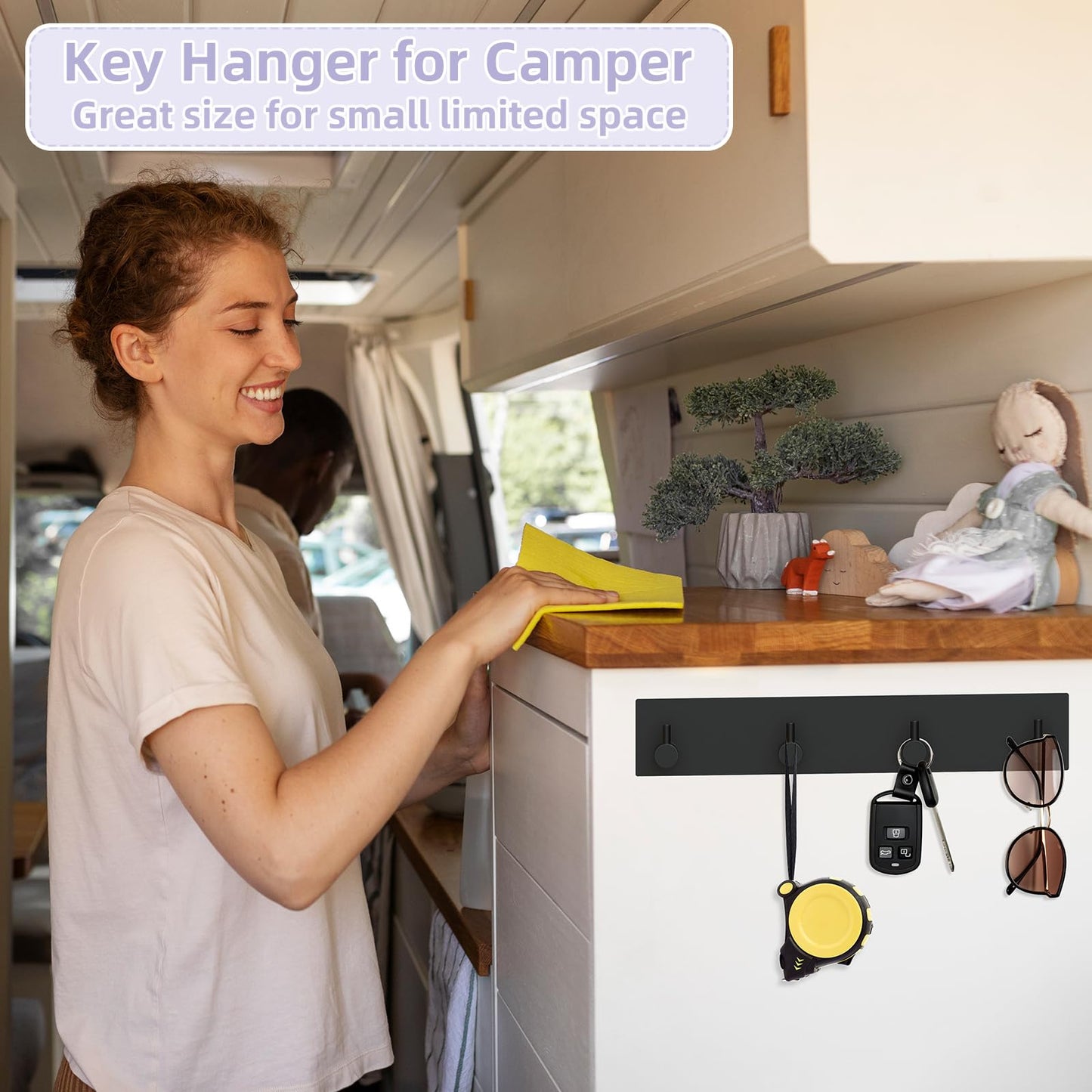 VIS'V Key Holder Wall Mount, Large Adhesive Key Hanger with 4 Hooks, Black