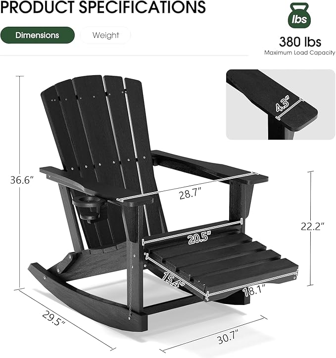 Adirondack Rocking Chair with Retractable Ottoman Set of 2, Outdoor Folding