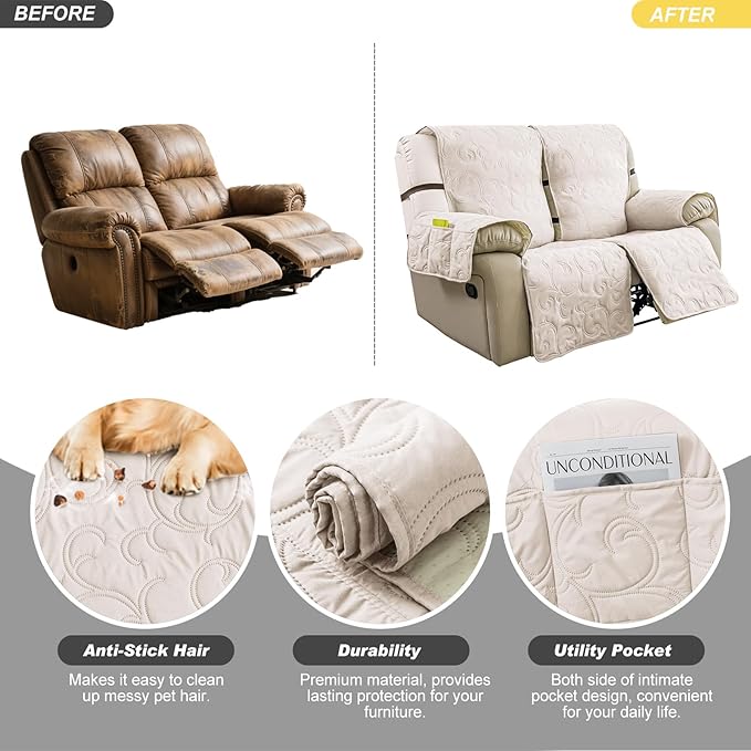 100% Waterproof Loveseat Recliner Cover, 4-Piece Split Reclining Couch Covers
