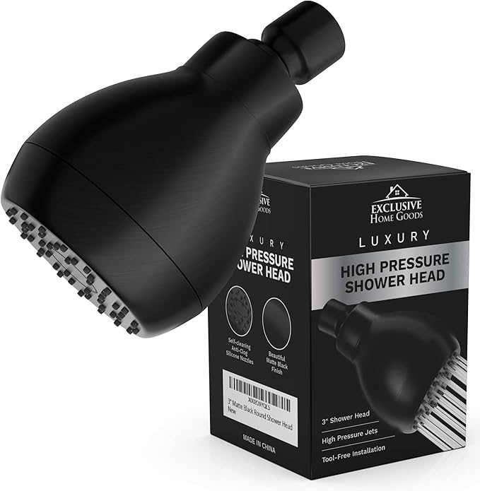 High Pressure Shower Head Matte Black - Powerful Deluxe Bathroom Showerhead with Strong Spray Stream and Small Silicone Nozzles - Universal Fit Works with High and Low Water Flow Showers-2.5 GPM