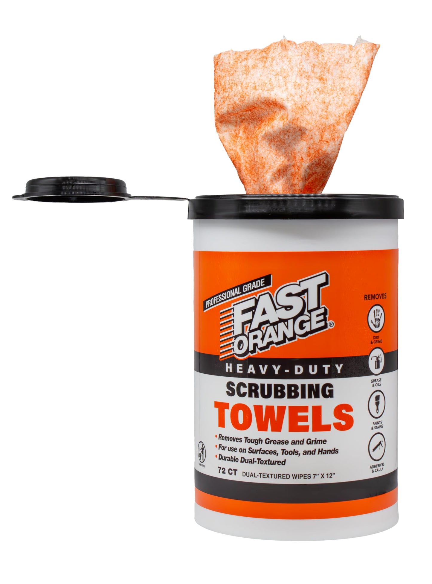 Fast Orange Heavy Duty Scrubbing Towels Removes Tough Grease, Grime, Paint, Resins, Glue and More, for Hands, Tools and Surfaces Without Sticky Residue, 72 ct