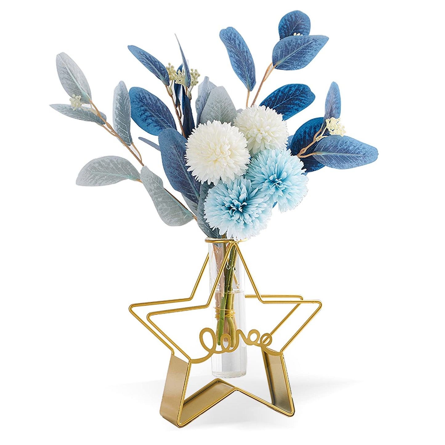 Glass Flower Vase with Metal Frame,Modern Creative Geometric Clear Vase for Flower Centerpieces Decorative,Desktop Hydroponics Vase Plant Terrarium for Home Office Decoration (Gold Star-Love)