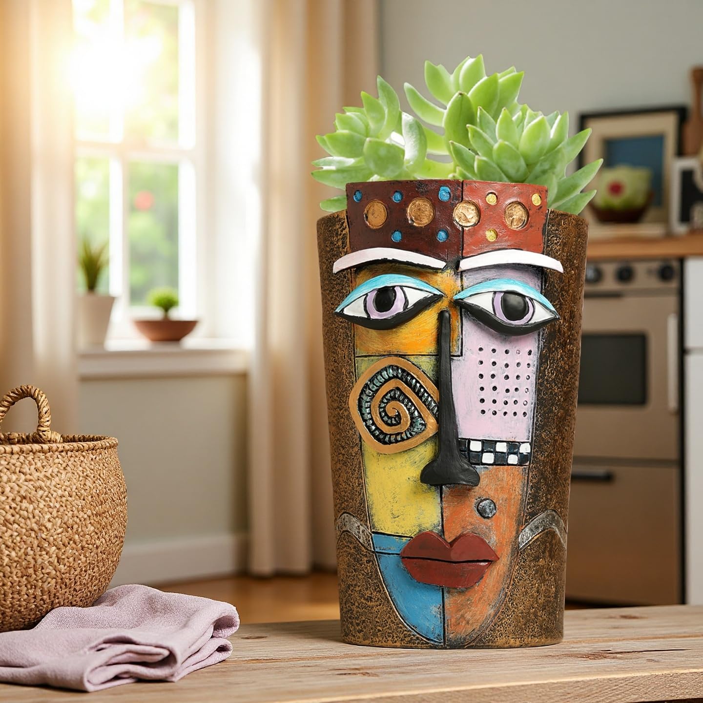 Yhupl Picasso Abstract Face Flower Pot,Plant Pot with Facial Expressions,Handmade Resin Plant Pot with Drainage Holes,for Indoor and Outdoor Botanical Home décor (Brown Large)