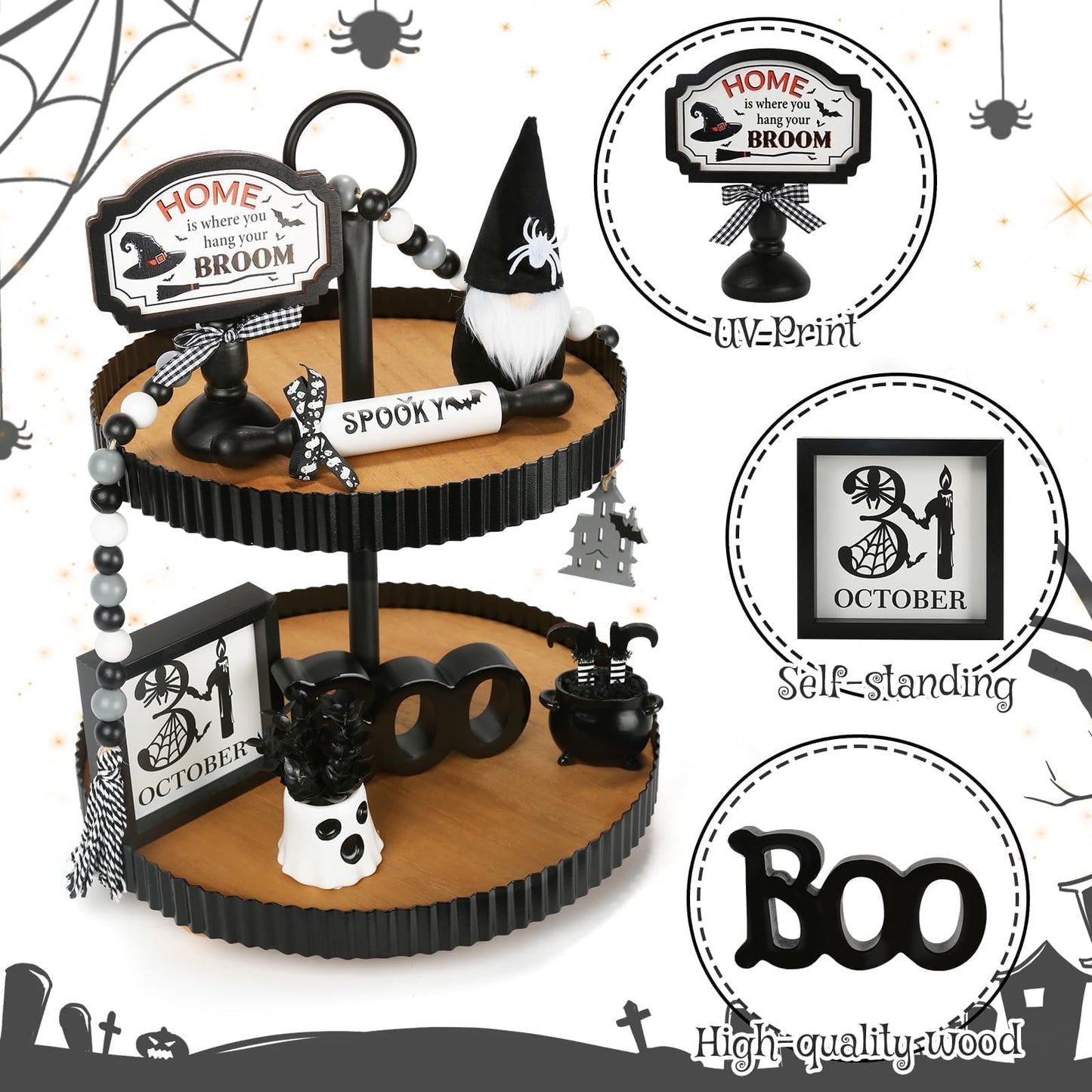 Halloween Decorations 8PCS Tiered Tray Decor, Cute Tabletop Halloween Decor for Home Tray Shelf Mantel Coffee Bar Office Table Centerpieces Farmhouse Rustic Spooky Wood Signs