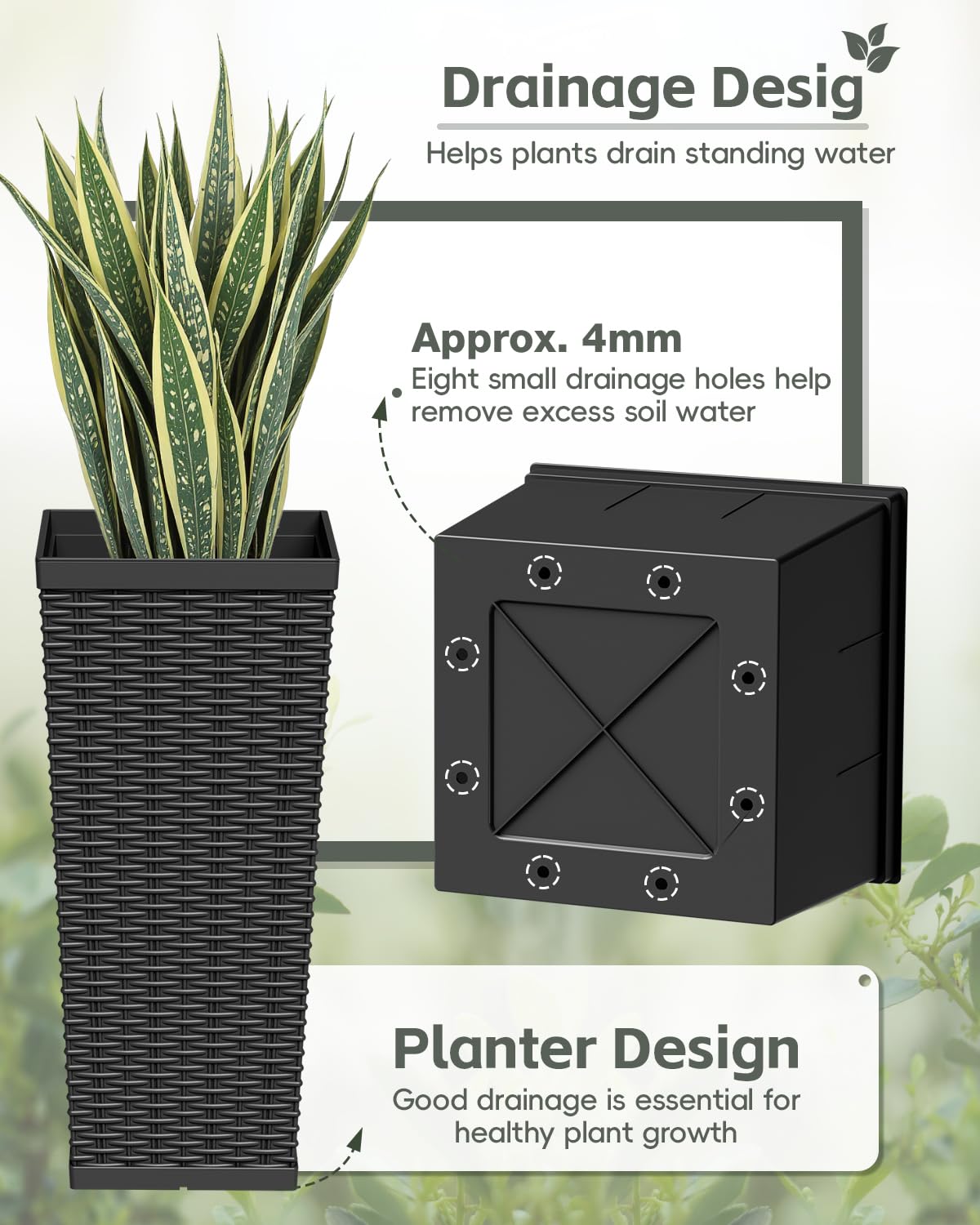 Greesum 23 Inch Tall Plastic Planters (Set of 2), Large Outdoor Flower Pots with Detachable Inner Pot & Drainage Holes for Plants, Trees, Patio, and Garden, Black