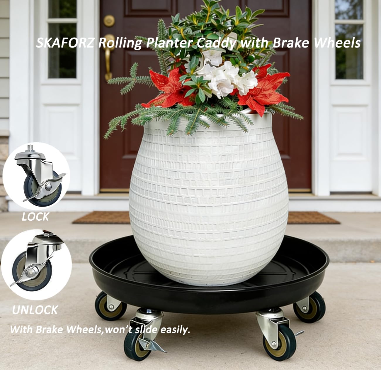 SKAFORZ Rolling Planter Caddy(470lbs Capacity), Heavy Duty Metal Plant Stand with Brake Wheels Plant Dolly Mover Plant Pot Tray Saucer for Indoor Outdoor 18 Inches Black