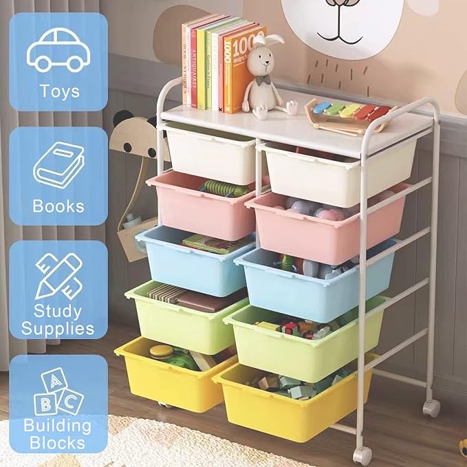 Ytaoka 10 Drawers Rolling Storage Cart, Plastic Drawer Cart with Metal Frame, Multipurpose Art Craft Cart Organizer with Wheels, Utility Cart with Drawers for Home, Office, School, Multicolor