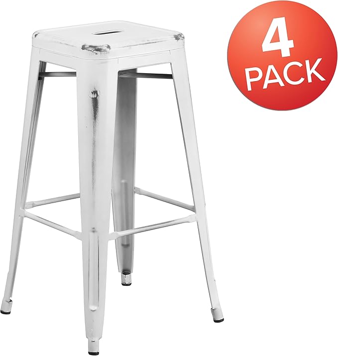 Flash Furniture Kai Commercial Grade 4 Pack 30" High Backless Distressed White