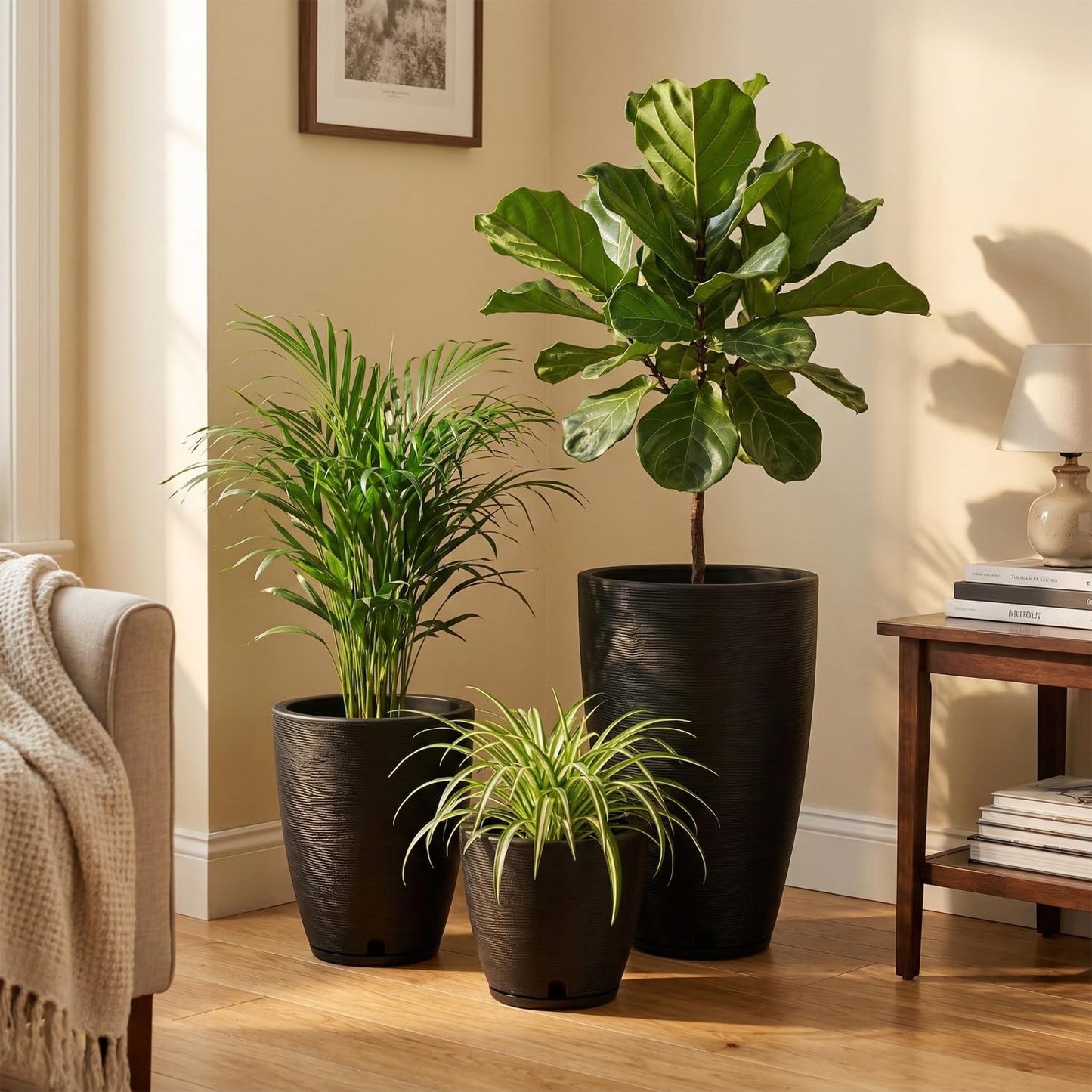 Floridis Set of 3 Black Planters for Indoor Outdoor Plants, 11/17/25 Inch Plastic Plant Pots with Drainage Hole and Saucer for Patio and Front Porch