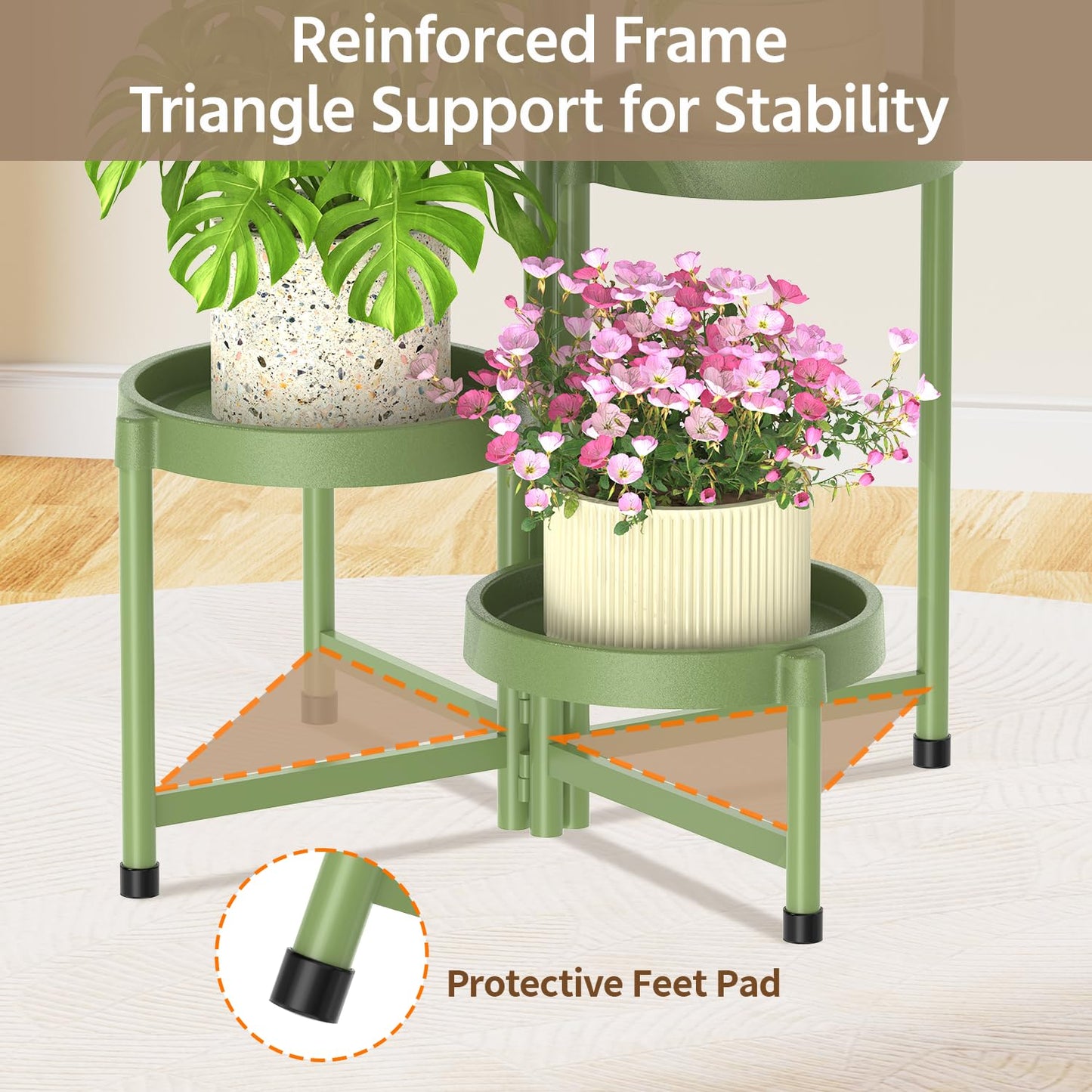 LASZOLA 5 Tiered Plant Stand Indoor Outdoor with Plastic Tray, Corner Folding Tall Flower Display Rack, Modern Plant Holder Shelf for Outdoor Patio Porch Garden Office Living Room, Green