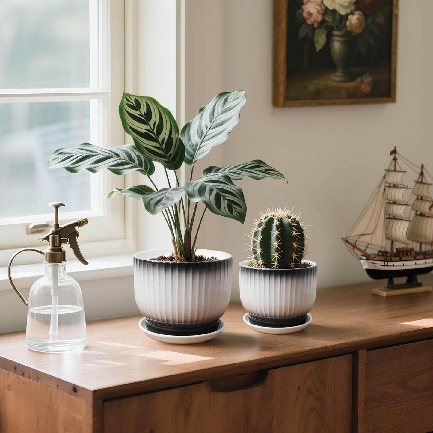 YUFDA 6.7 + 5.5 Inch Ceramic Plant Pots,Set of 2,Planters with Drainage and Saucer,Indoor Pots for Plants,Modern Flower Pots for Home and Office（Black + White）