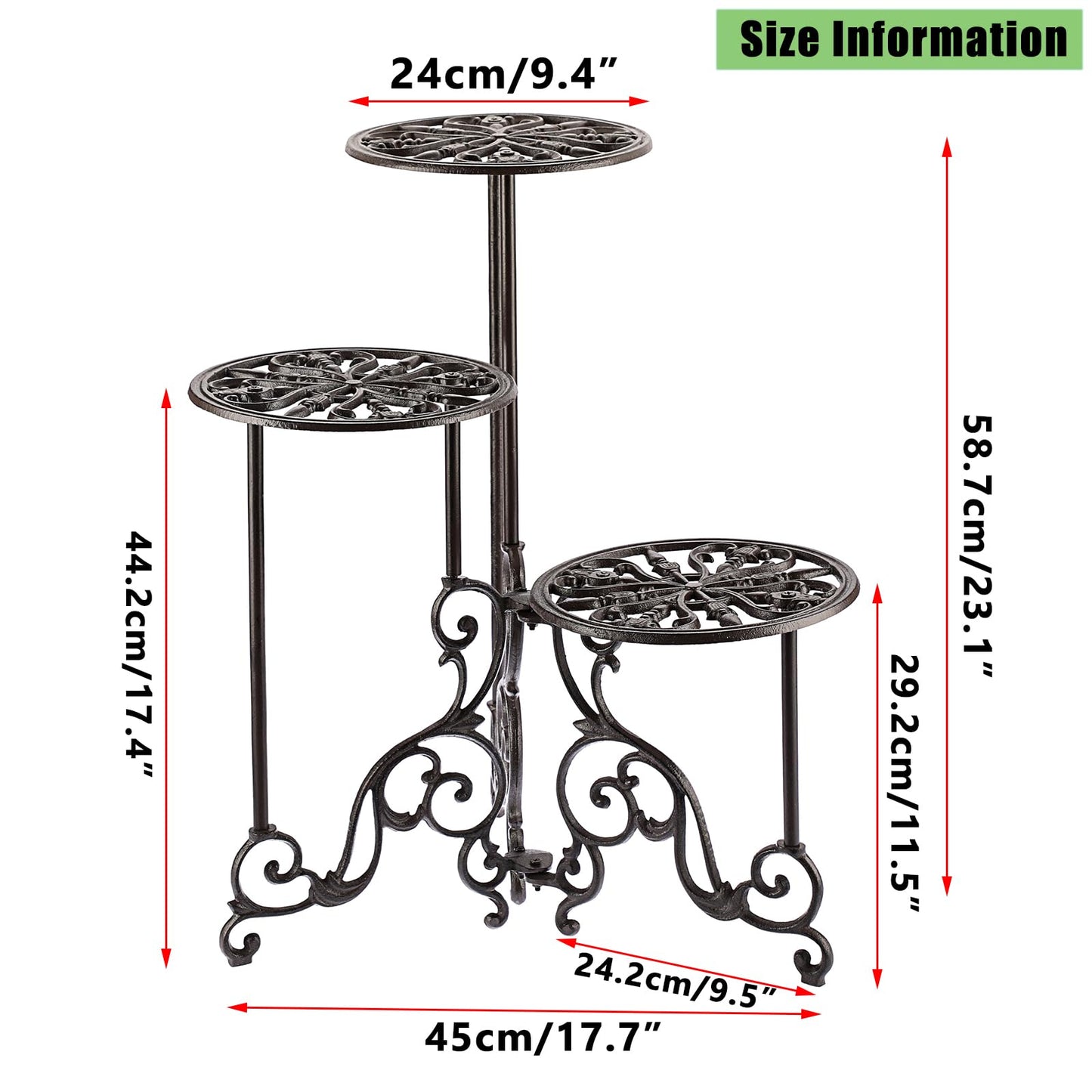 OwnMy 3 Tier Heavy Duty Cast Iron Plant Stand Foldable Wrought Iron Flower Pot Holder, Indoor Outdoor Tall Plant Stand Shelf for Garden Patio, Decorative Round Metal Plant Display Rack, Retro Brown