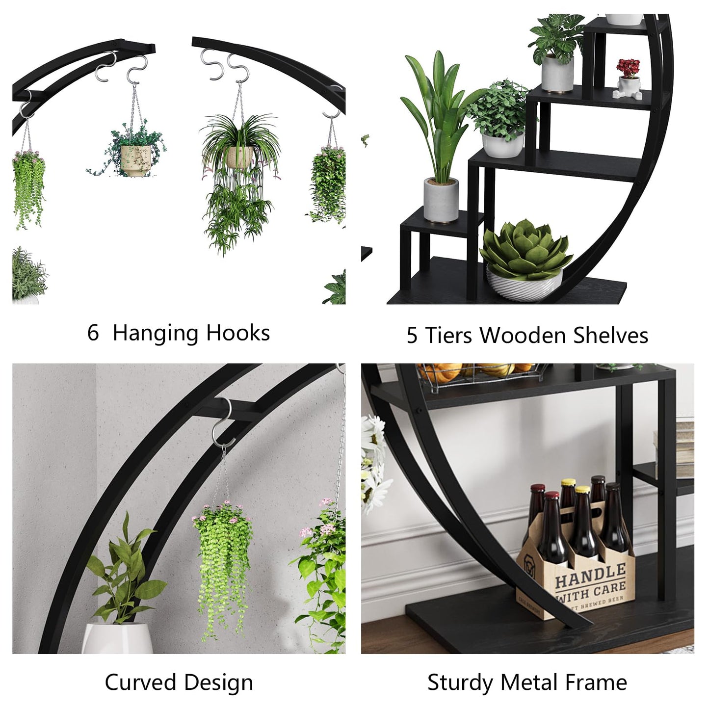GarveeLife Plant Stand Indoor 5 Tier Tall, Metal Half Moon Plant Shelf 2 Pack, Stylish Tiered Flower Rack for Multiple Plants Display, Tall and Space-Saving Design
