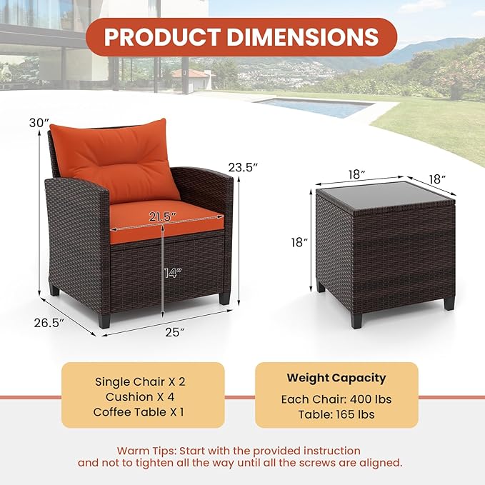 HAPPYGRILL 3 Pieces Patio Conversation Set, Outdoor Furniture Set PE Rattan
