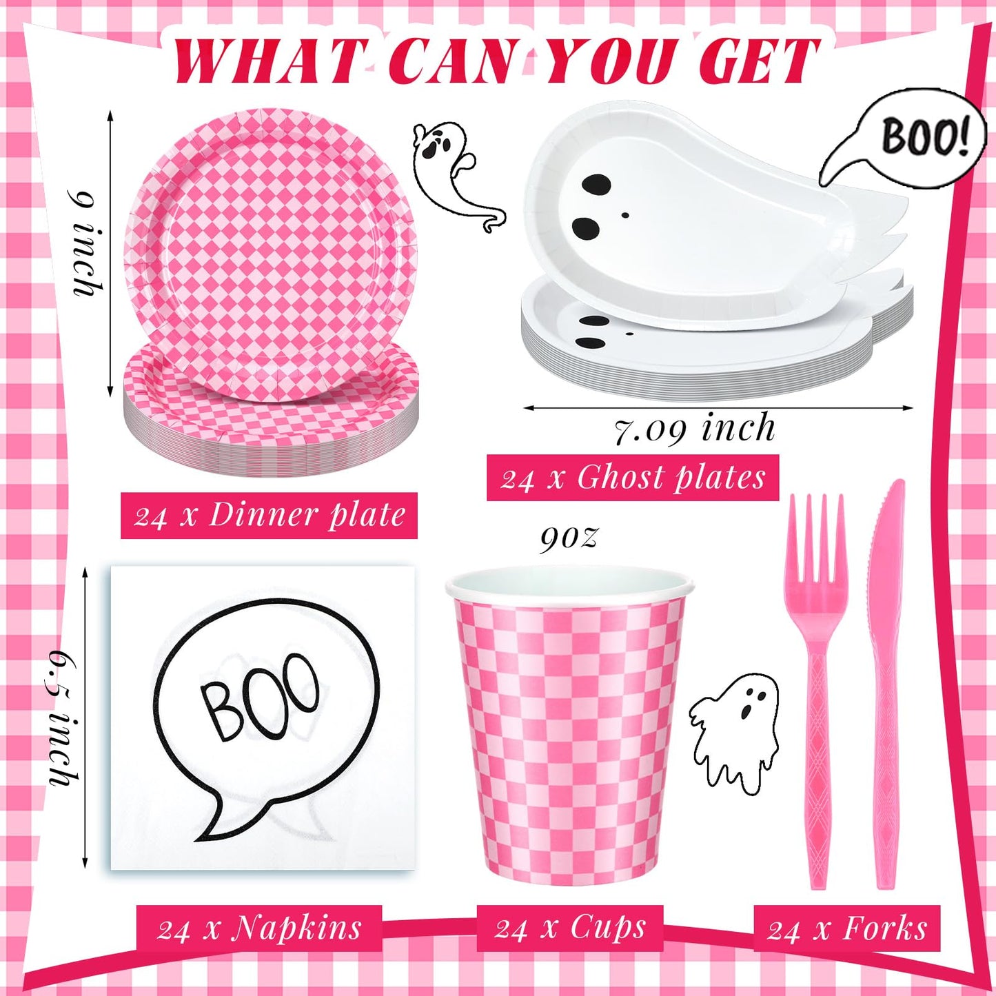Yungyan 144 Pcs/24 Set Summer Halloween Paper Plates and Napkins Boo Ghost Plates Pink Cups with Forks and Knife Halloween Party Tableware Set for Spooky Birthday Party Decoration Boo Baby Shower