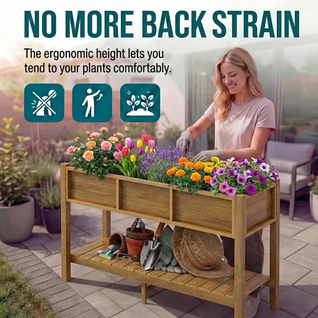 YITAHOME Raised Garden Bed Outdoor HDPE with Shelf, 48x18x30in Poly-Wood Weather-Resistant Elevated Planter Box with Legs for Vegetable Flower, Herb Garden Bed for Backyard Balcony Garden, Brown