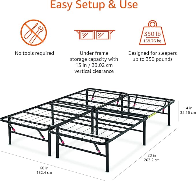 Amazon Basics Bed Frame with Storage, Foldable Metal Platform, Sturdy Steel