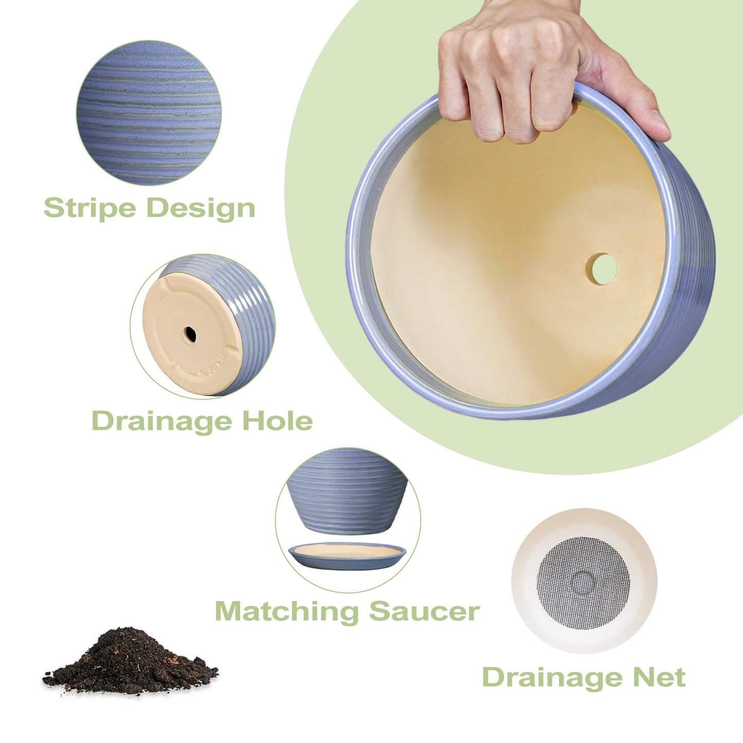 EEPFamily 8 Inch Plant Pot- Ceramic Planter for Indoor Outdoor with Drainage Hole and Plant Tray, Modern Round Porch Home Office Garden Living Room Decor, House Warming Gifts, Blue-Purple